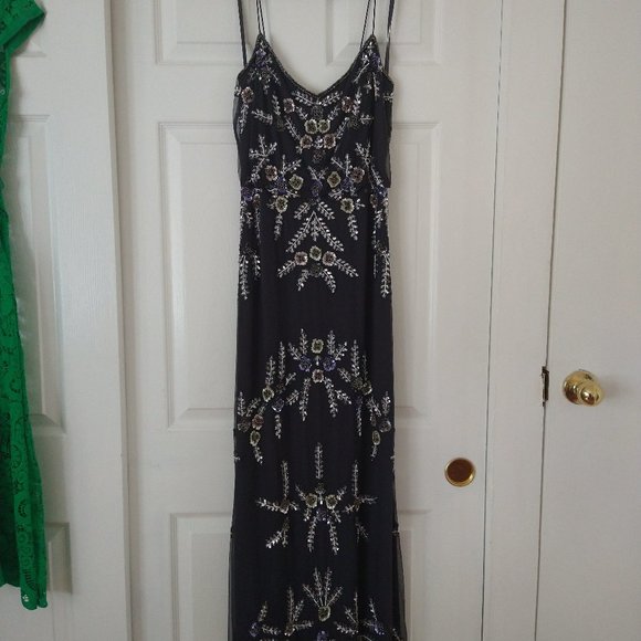 ADRIANNA PAPELL ART DECO BEADED BLOUSON GOWN GREY - Picture 1 of 5